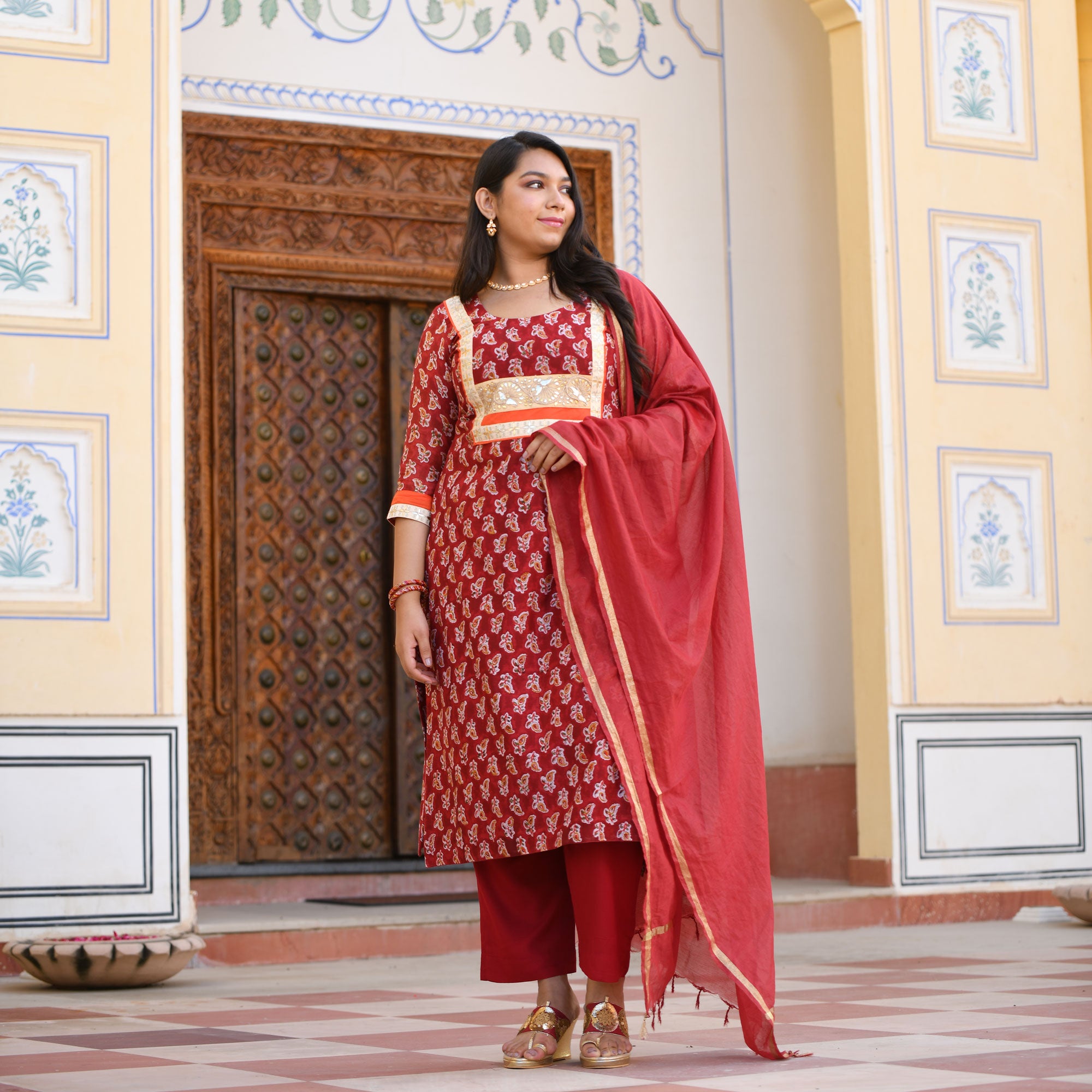 Garnet Red Gota Patti Handblock Chanderi Kurta