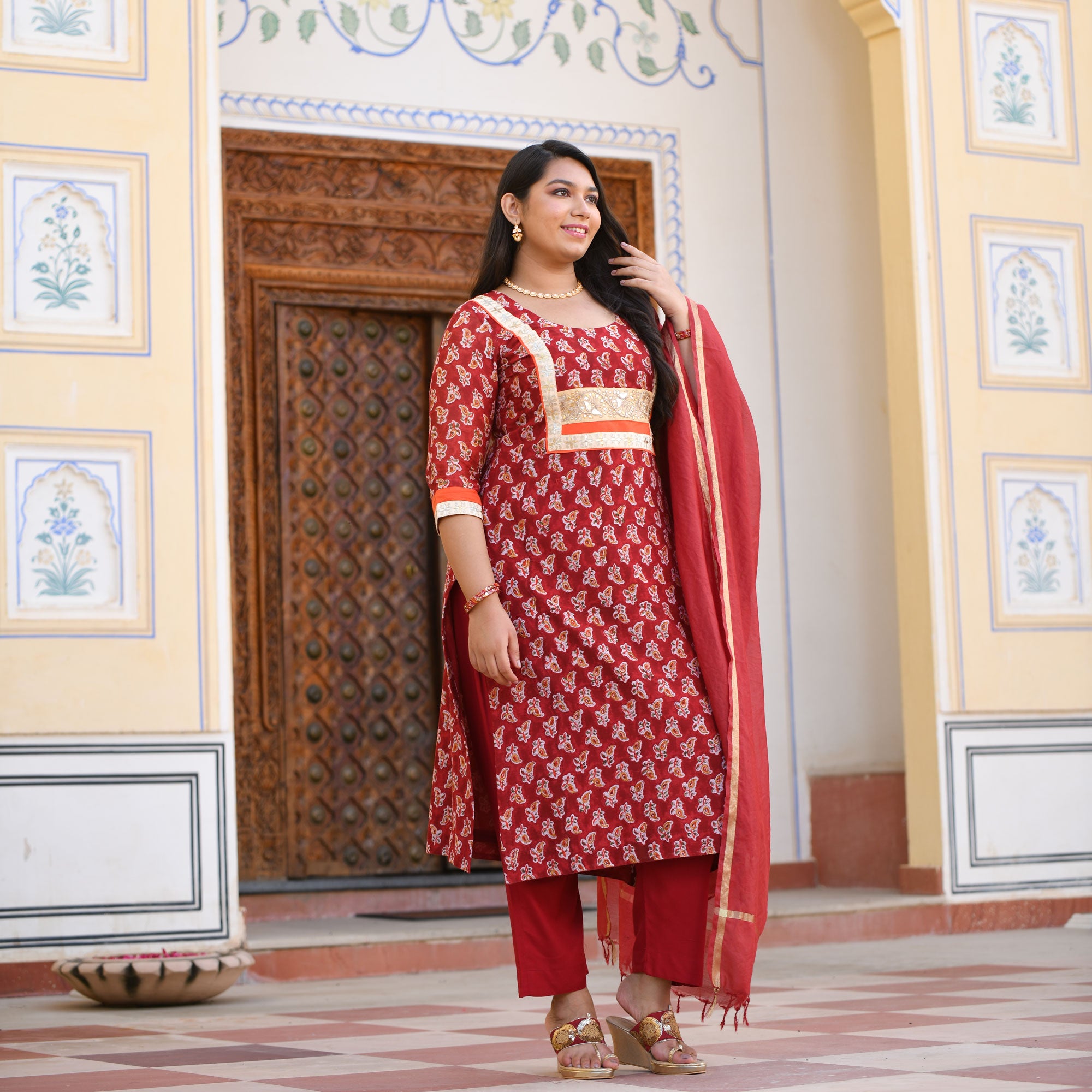Garnet Red Gota Patti Handblock Chanderi Kurta