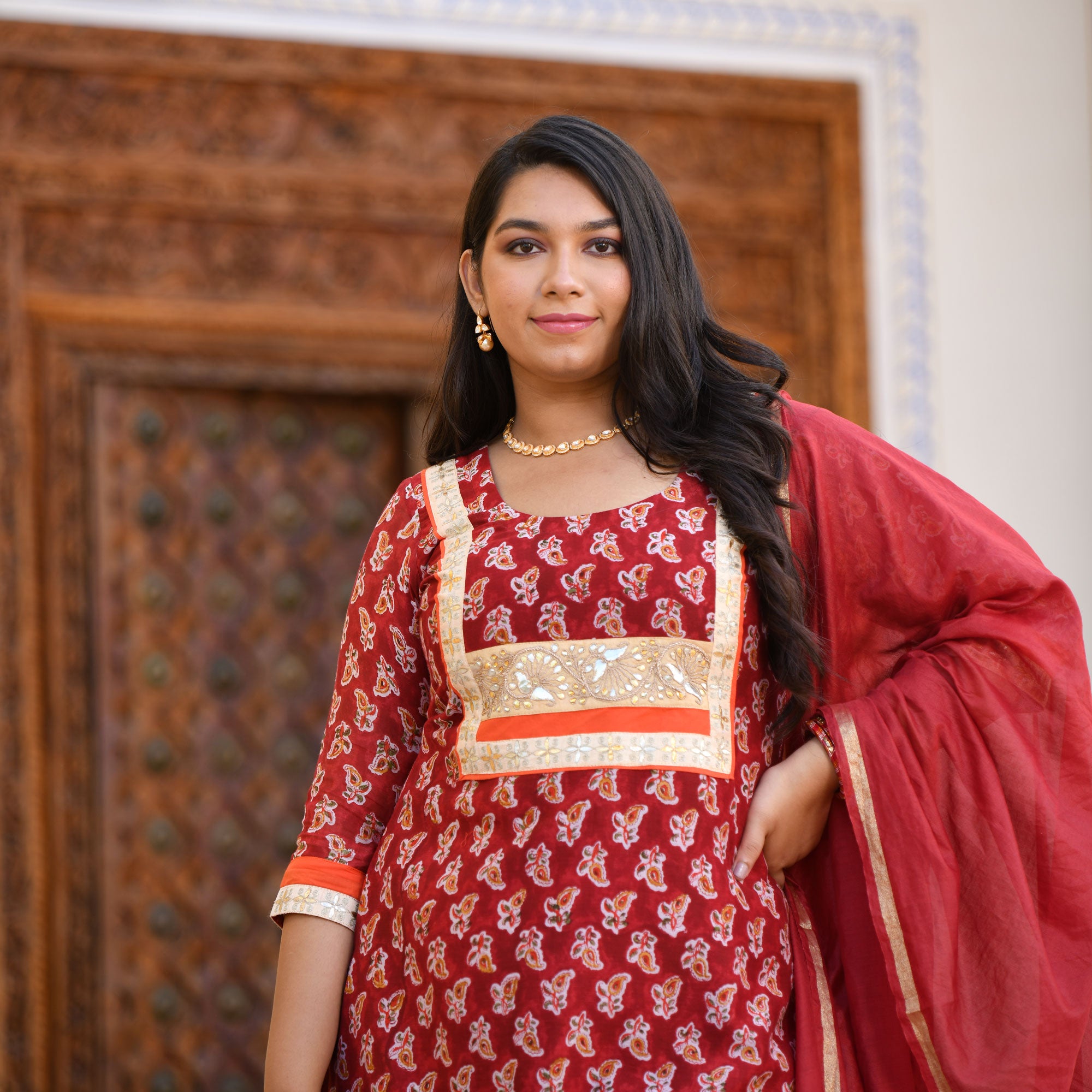 Garnet Red Gota Patti Handblock Chanderi Kurta