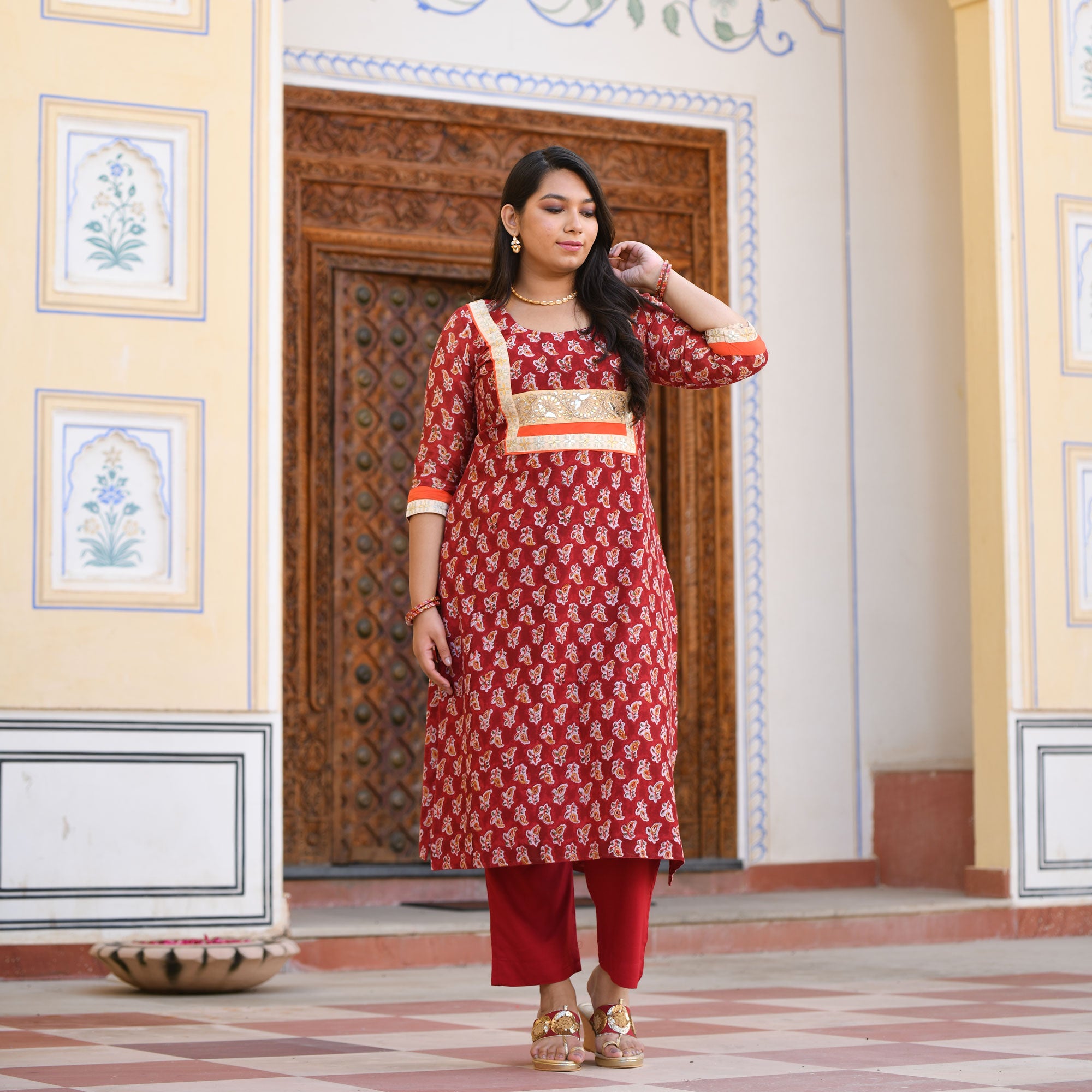 Garnet Red Gota Patti Handblock Chanderi Kurta