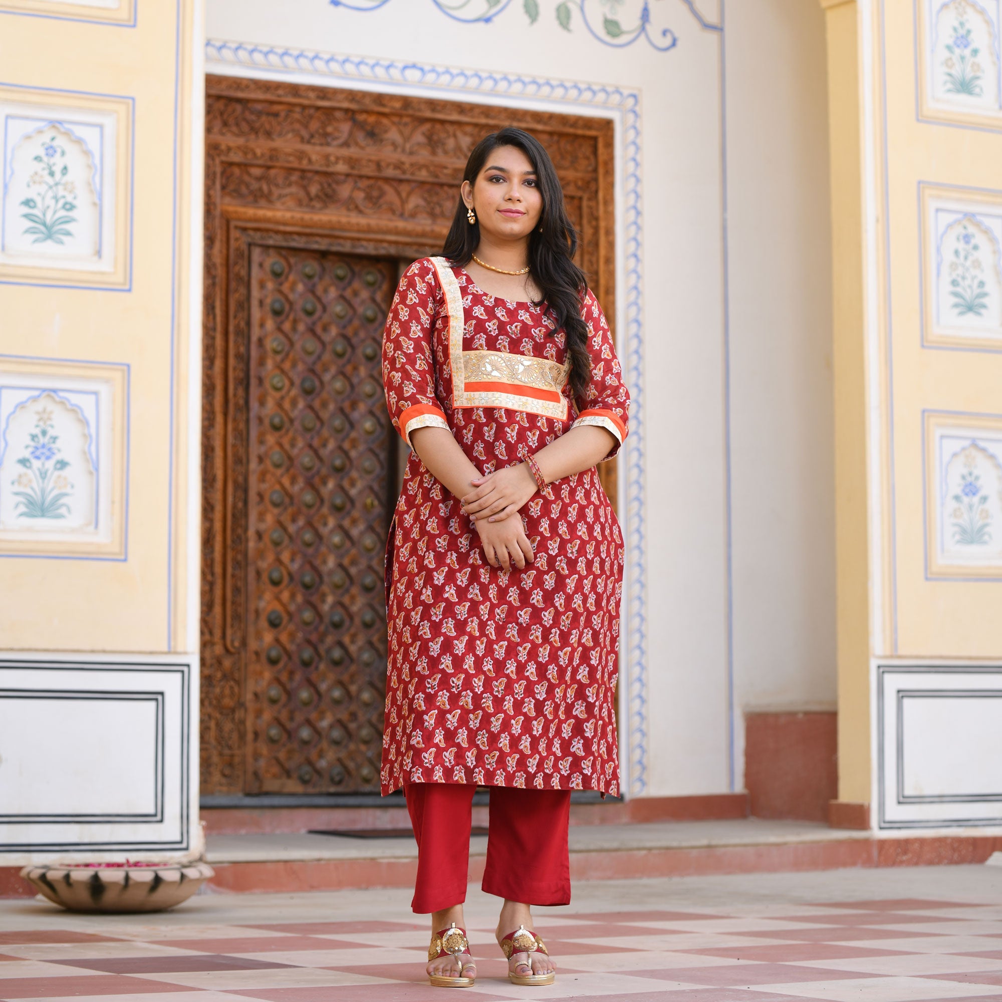 Garnet Red Gota Patti Handblock Chanderi Kurta