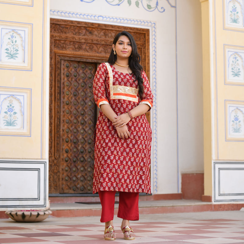 Garnet Red Gota Patti Handblock Chanderi Suit Set