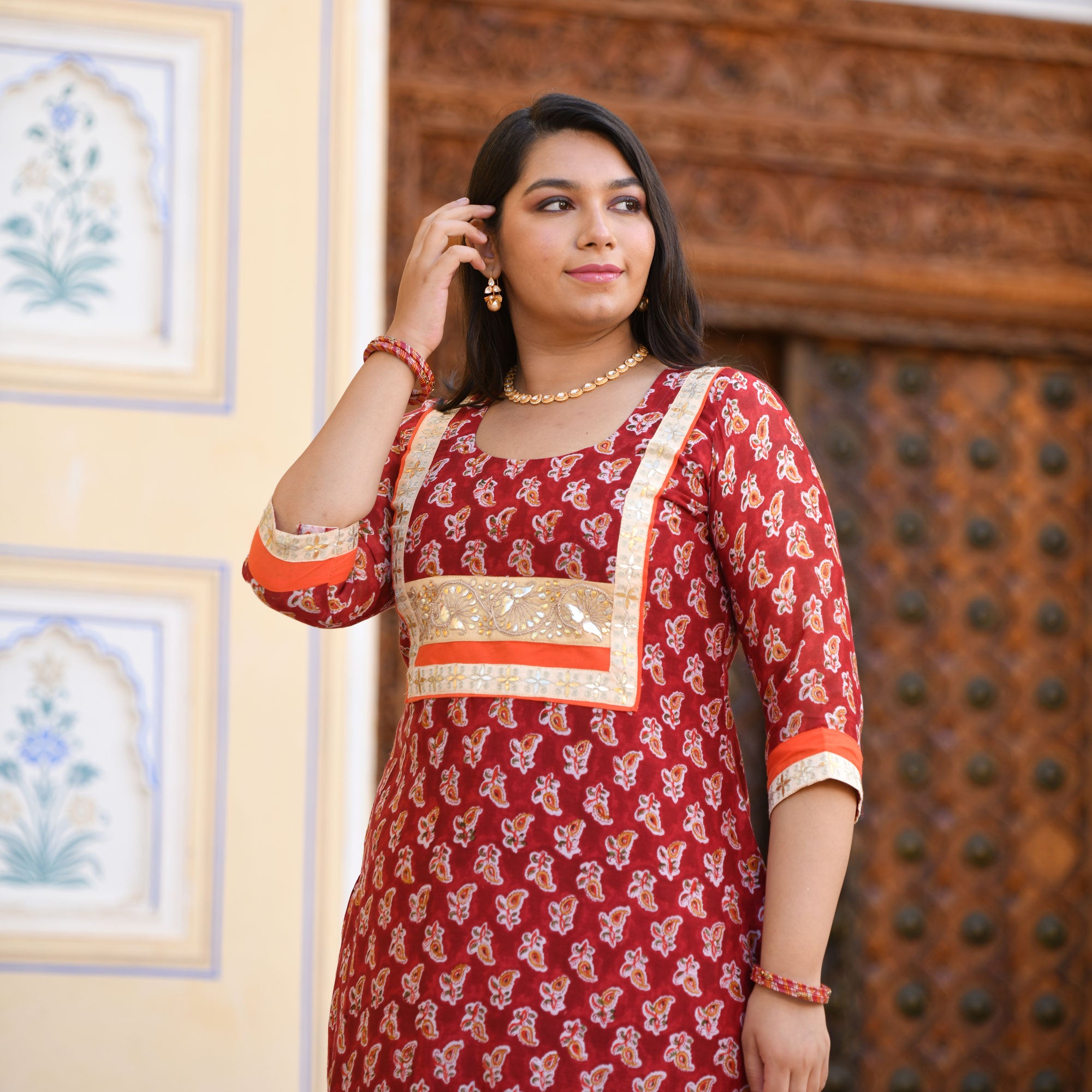 Garnet Red Gota Patti Handblock Chanderi Kurta