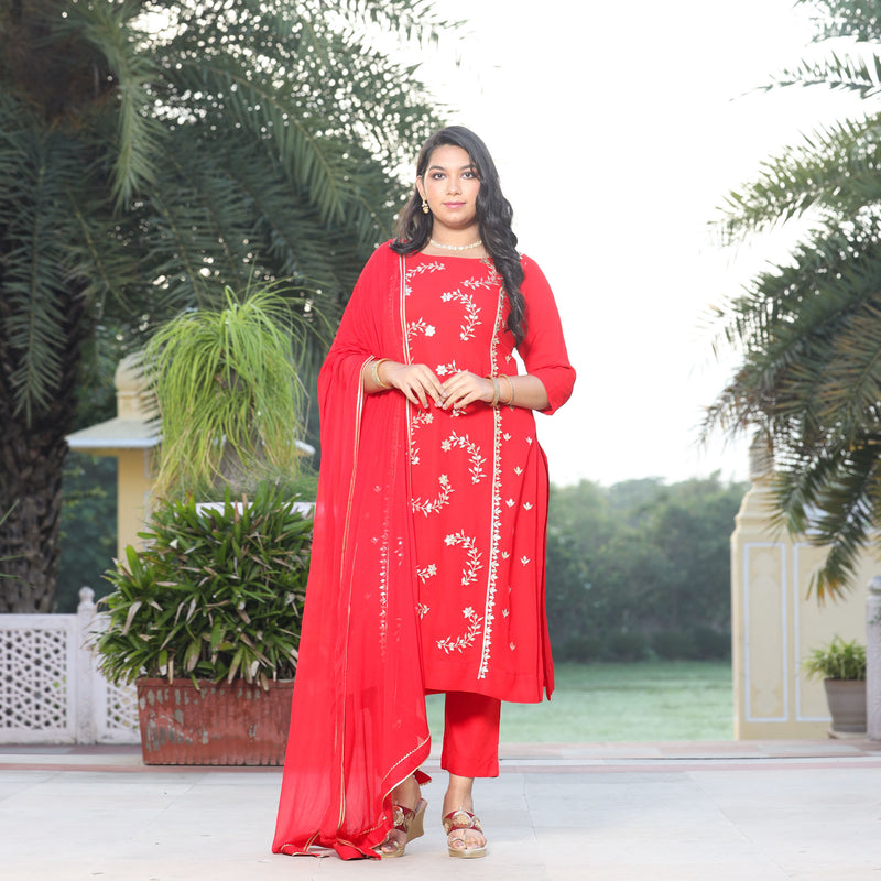 Rose Red Gota Patti Handwork Pure Georgette Kurta
