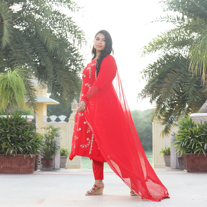 Rose Red Gota Patti Handwork Pure Georgette Suit Set
