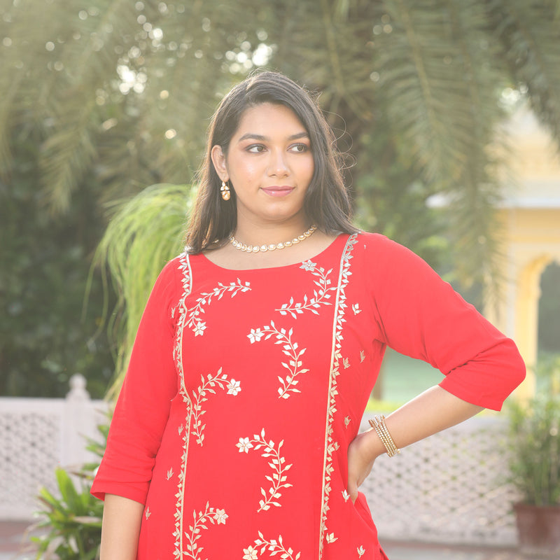 Rose Red Gota Patti Handwork Pure Georgette Kurta