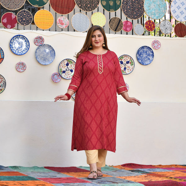 Hibiscus Maroon Bandhani Princess Line Kurta