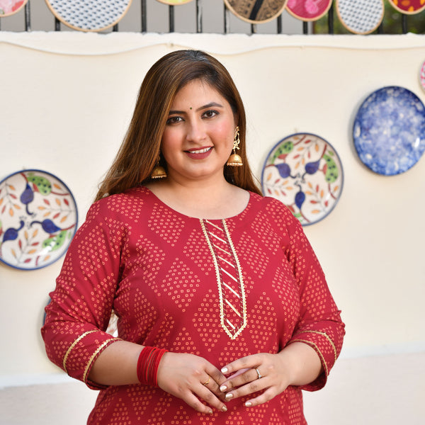 Hibiscus Maroon Bandhani Princess Line Kurta