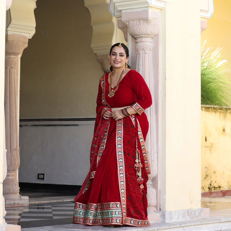 Cornell Red Bandhani Velvet Lehenga Set
