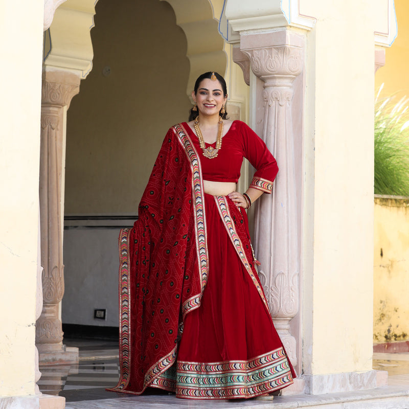 Cornell Red Bandhani Velvet Lehenga Set