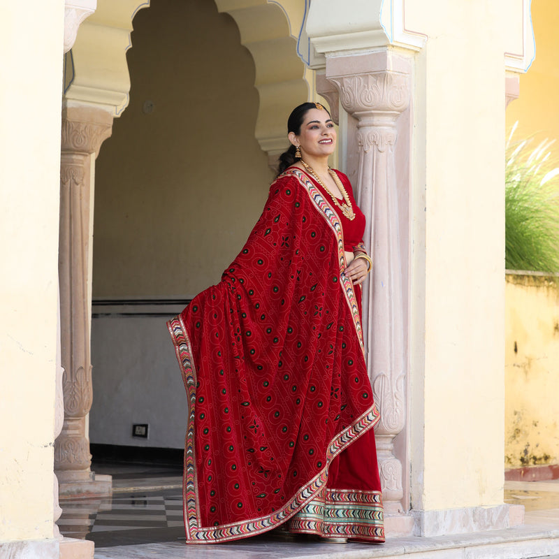 Cornell Red Bandhani Velvet Lehenga Set