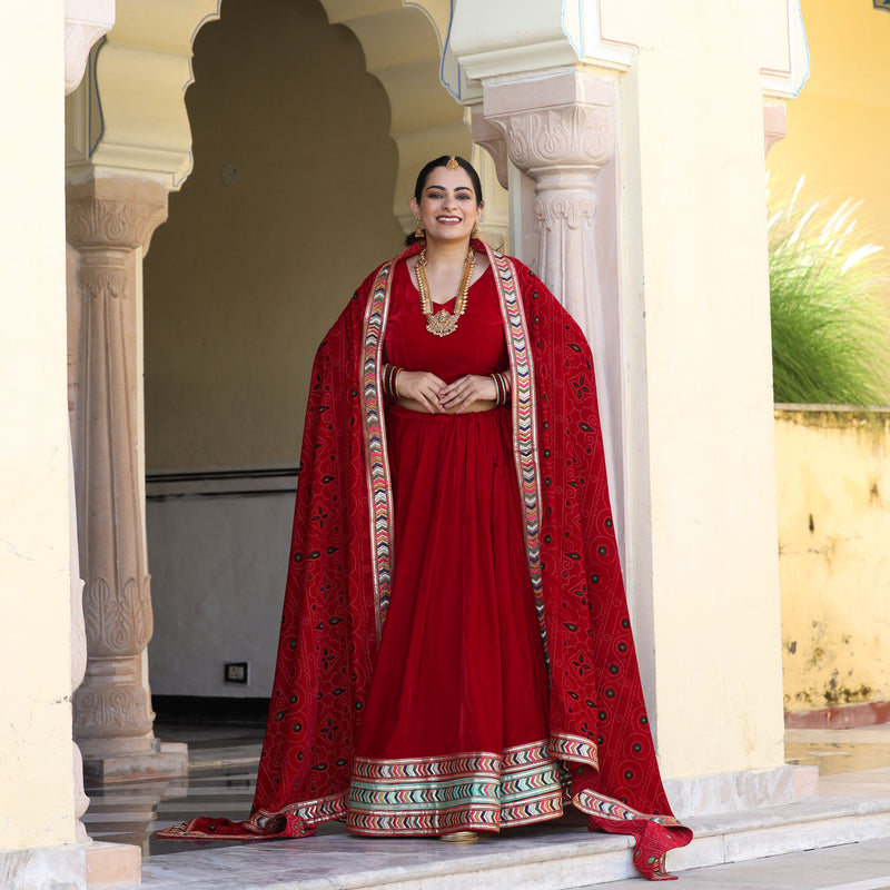 Cornell Red Bandhani Velvet Lehenga Set