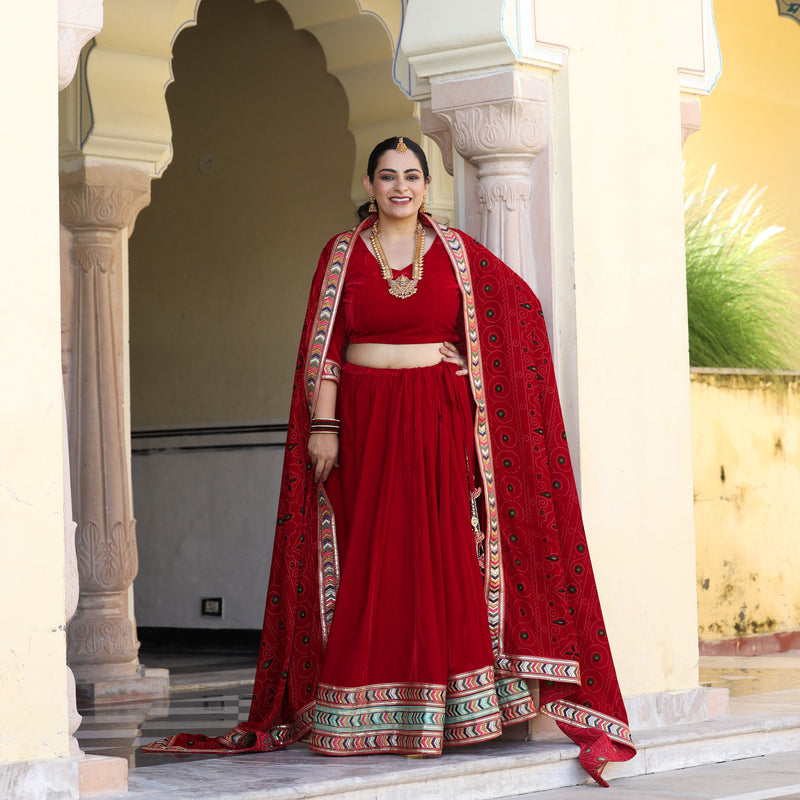 Cornell Red Bandhani Velvet Lehenga Set