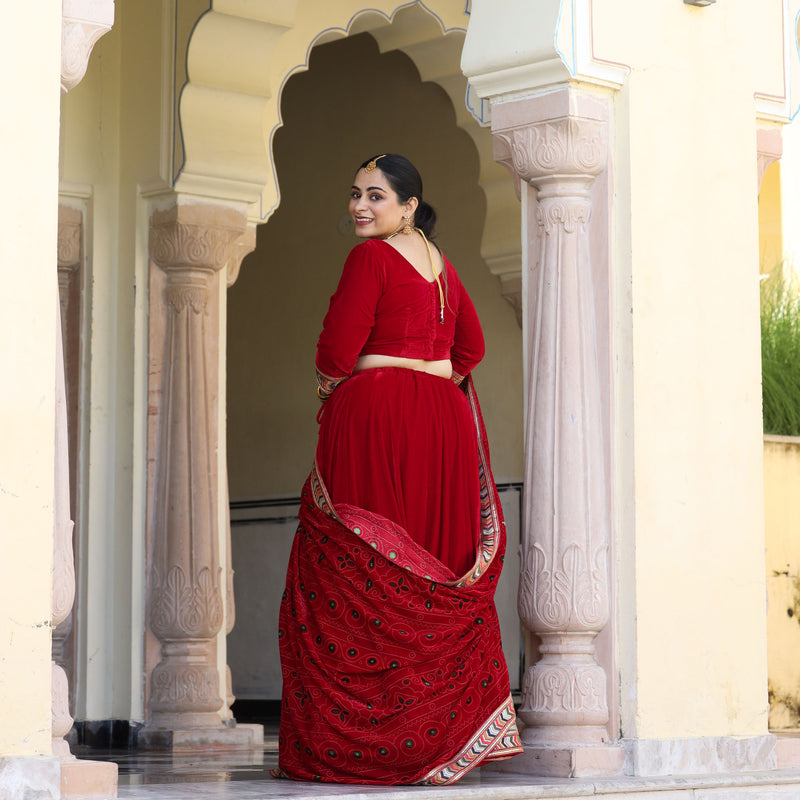 Cornell Red Bandhani Velvet Lehenga Set