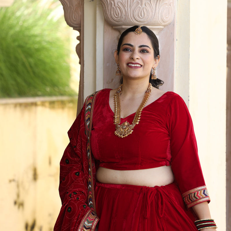 Cornell Red Bandhani Velvet Lehenga Set