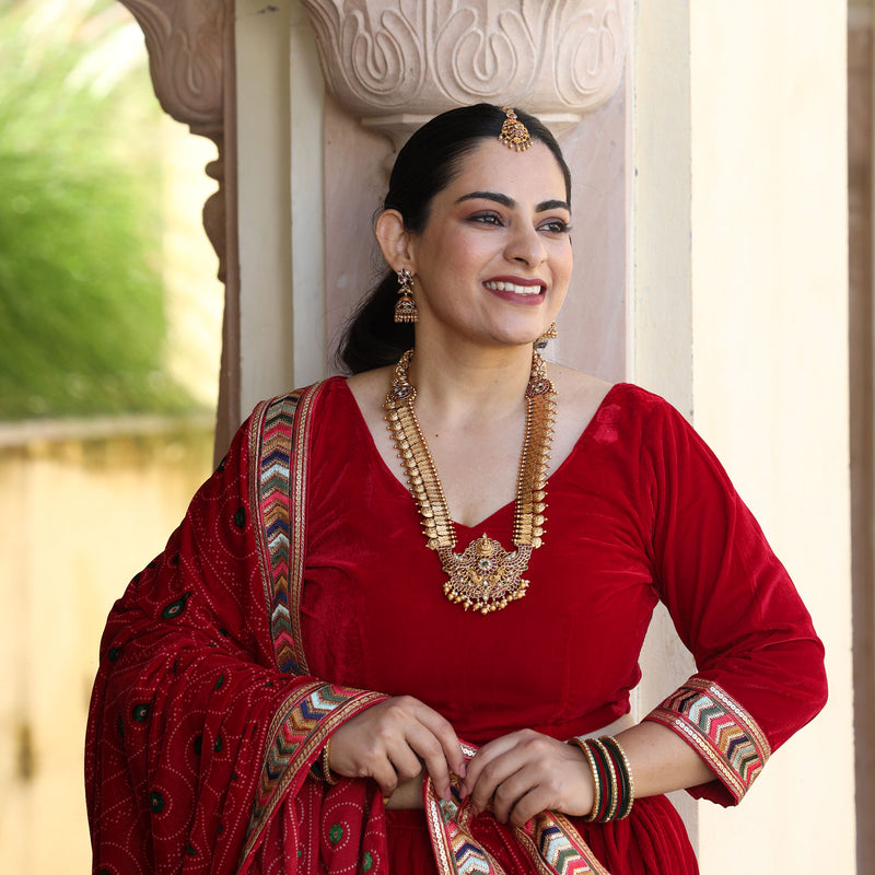 Cornell Red Bandhani Velvet Lehenga Set