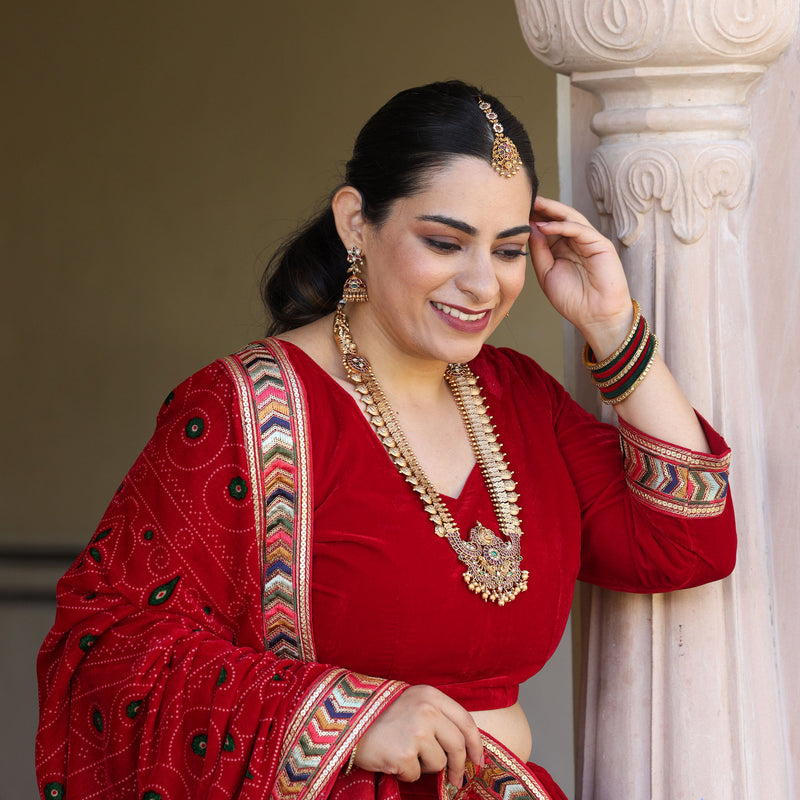 Cornell Red Bandhani Velvet Lehenga Set