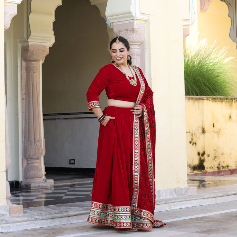 Cornell Red Bandhani Velvet Lehenga Set