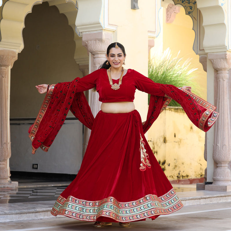 Cornell Red Bandhani Velvet Lehenga Set