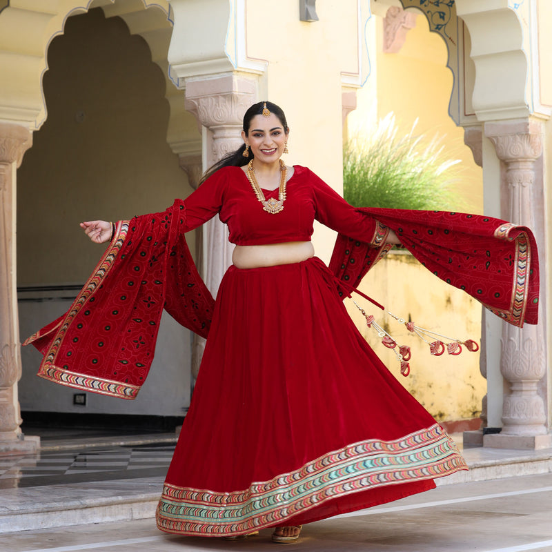 Cornell Red Bandhani Velvet Lehenga Set