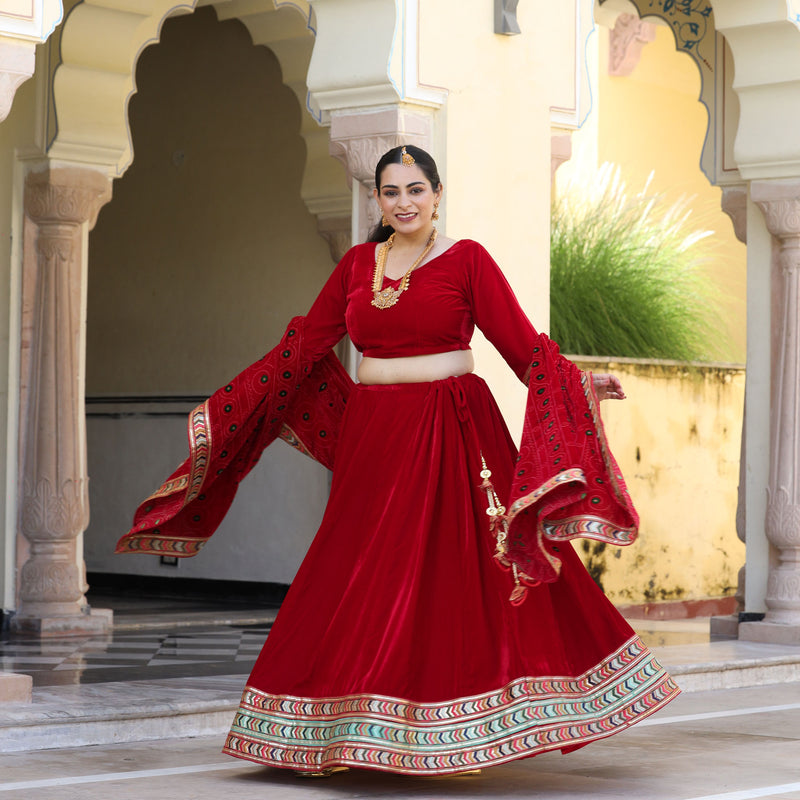 Cornell Red Bandhani Velvet Lehenga Set