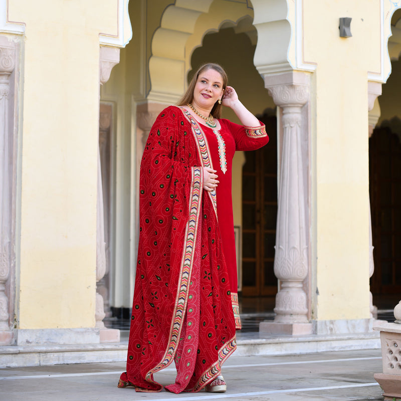 Cornell Red Bandhani Velvet Suit Set