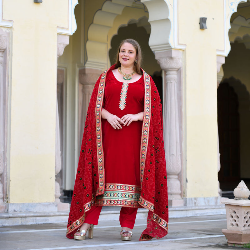 Cornell Red Bandhani Velvet Suit Set