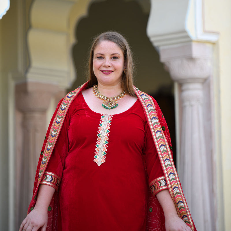 Cornell Red Bandhani Velvet Suit Set