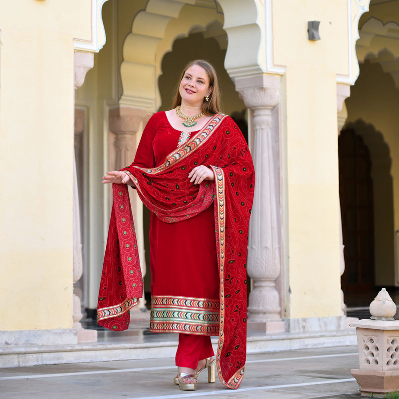 Cornell Red Bandhani Velvet Suit Set