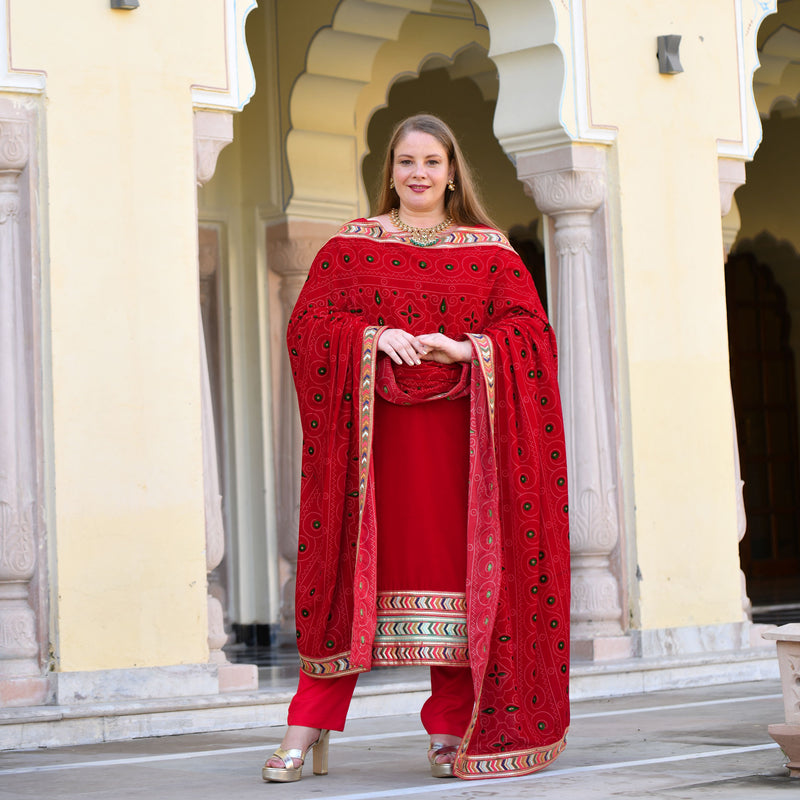 Cornell Red Bandhani Velvet Suit Set