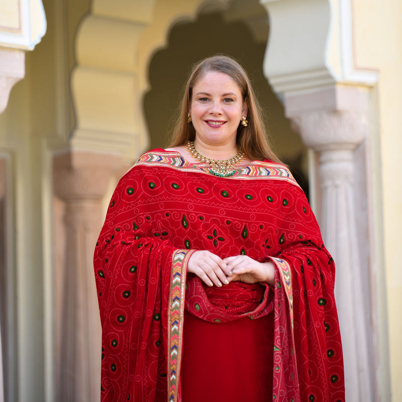 Cornell Red Bandhani Velvet Suit Set
