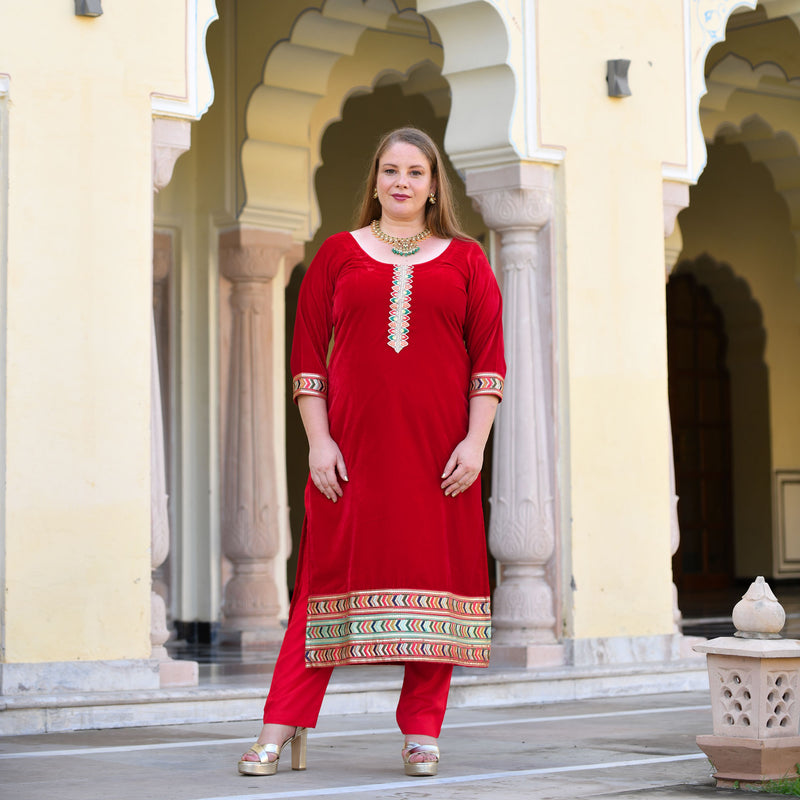 Cornell Red Bandhani Velvet Suit Set