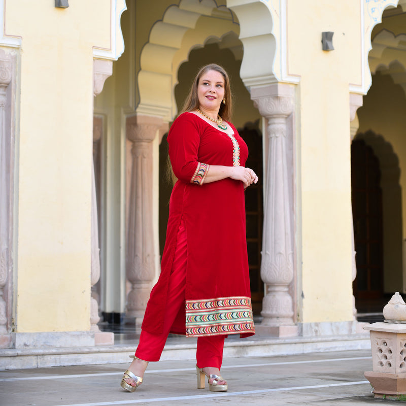 Cornell Red Bandhani Velvet Suit Set