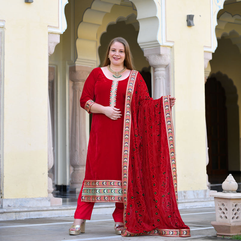 Cornell Red Bandhani Velvet Suit Set