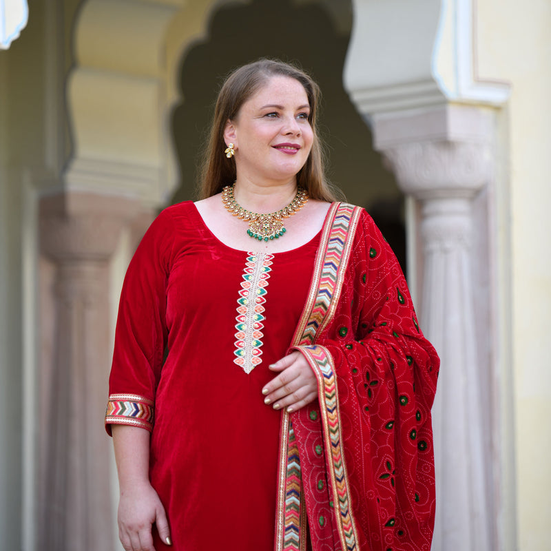 Cornell Red Bandhani Velvet Suit Set