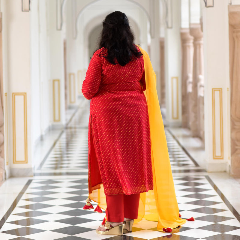 Red Yellow Mothda Pure Georgette Hand Work Kurta