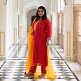 Red Yellow Mothda Pure Georgette Hand Work Kurta