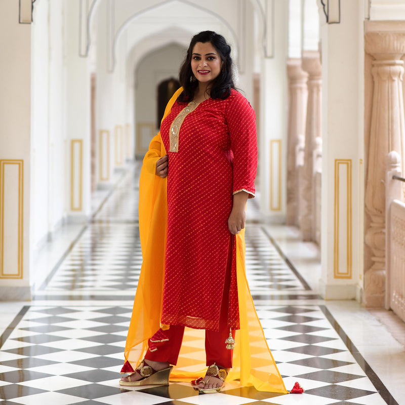 Red Yellow Mothda Pure Georgette Hand Work Kurta