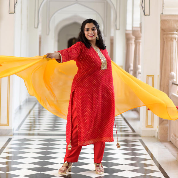 Red Yellow Mothda Pure Georgette Hand Work Suit Set