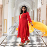 Red Yellow Mothda Pure Georgette Hand Work Kurta