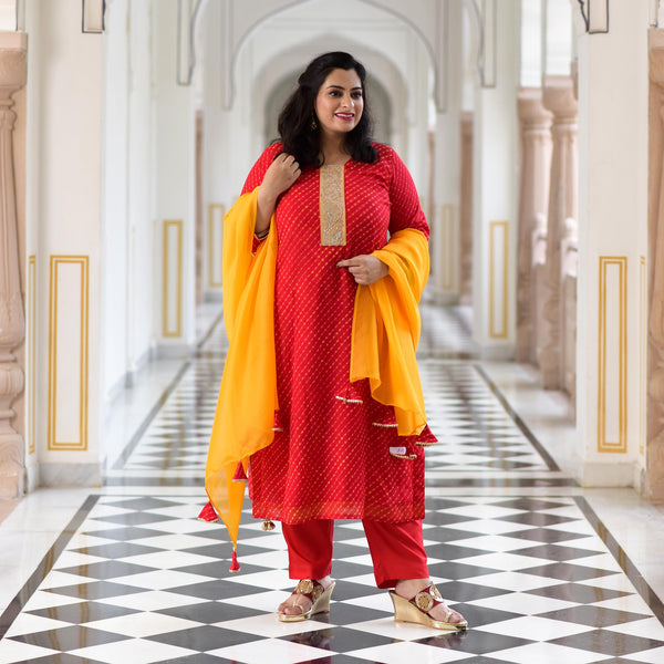 Red Yellow Mothda Pure Georgette Hand Work Suit Set