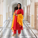 Red Yellow Mothda Pure Georgette Hand Work Kurta