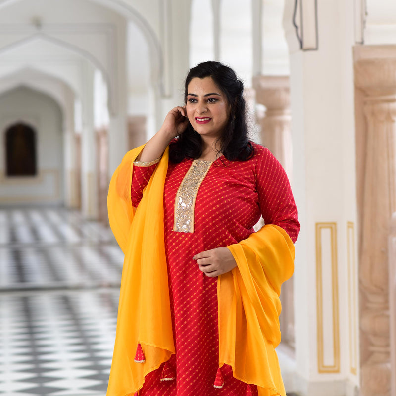 Red Yellow Mothda Pure Georgette Hand Work Kurta