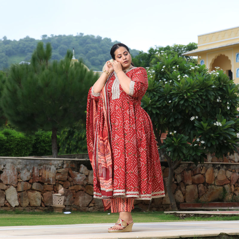 Brick Red Bandhani Gota Anarkali