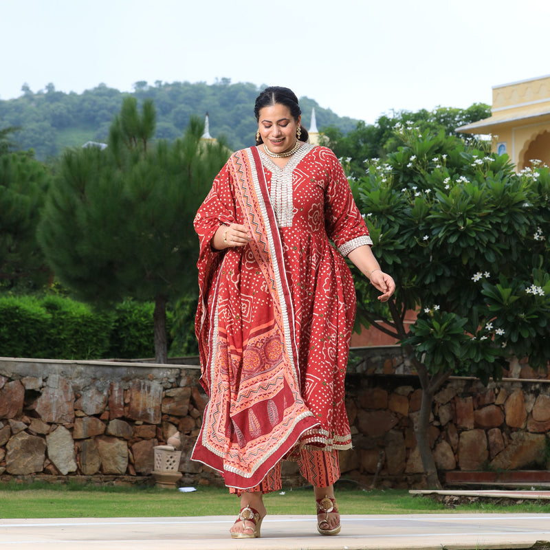 Brick Red Bandhani Gota Anarkali
