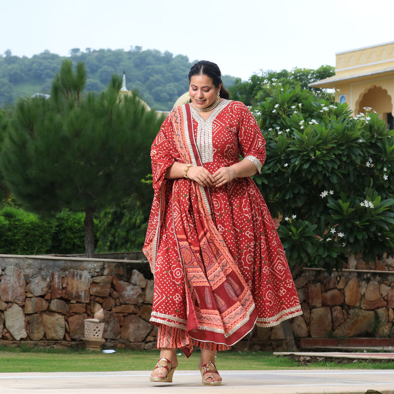 Brick Red Bandhani Gota Anarkali
