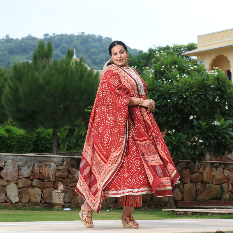 Brick Red Bandhani Gota Anarkali