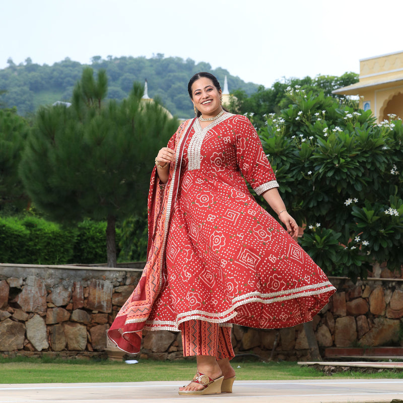 Brick Red Bandhani Gota Anarkali