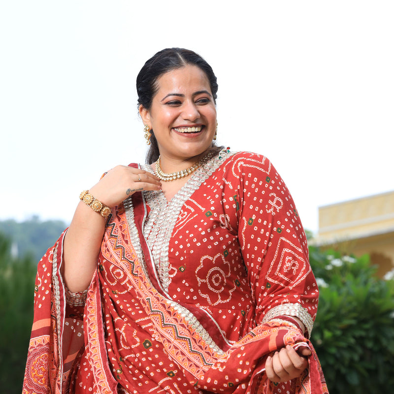 Brick Red Bandhani Gota Anarkali