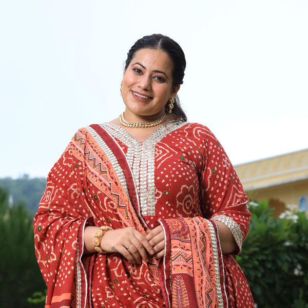 Brick Red Bandhani Gota Anarkali